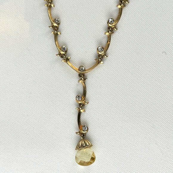 Vintage Gold and Vine, Y Necklance, Birolette Glass and Rhinestones, Pendant - Picture 4 of 14